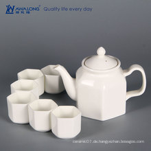 China Awalong Lager reine weiße einzigartige moderne Design sechseckige Form Knochen China Teekanne Teetasse und Untertasse gesetzt